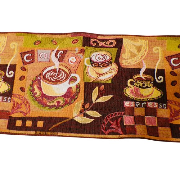 Vtg Coffee-Themed Tapestry Table Runner 13x54" Espresso Cafe Brown/Yellow/Red - Picture 1 of 8